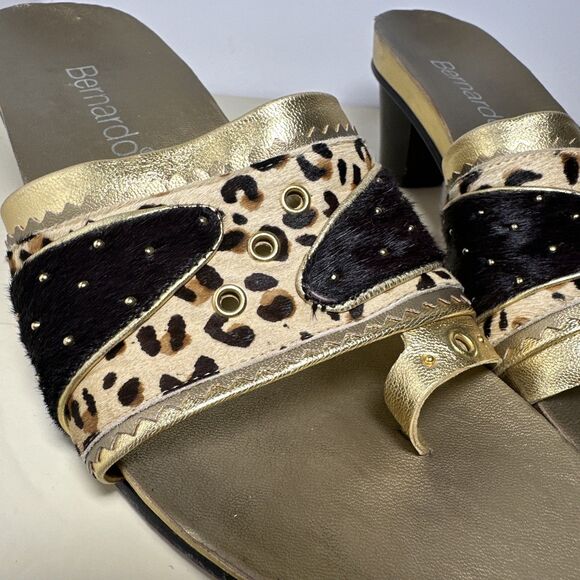 Bernardo Slip On Sandal Heels Gold Calf Hair Animal Print Size 9 Made in Brazil - Picture 11 of 12